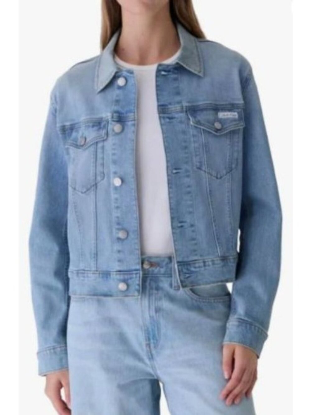 NWT Calvin Klein Women’s XL Classic Trucker Jacket Light Blue Denim Stretched